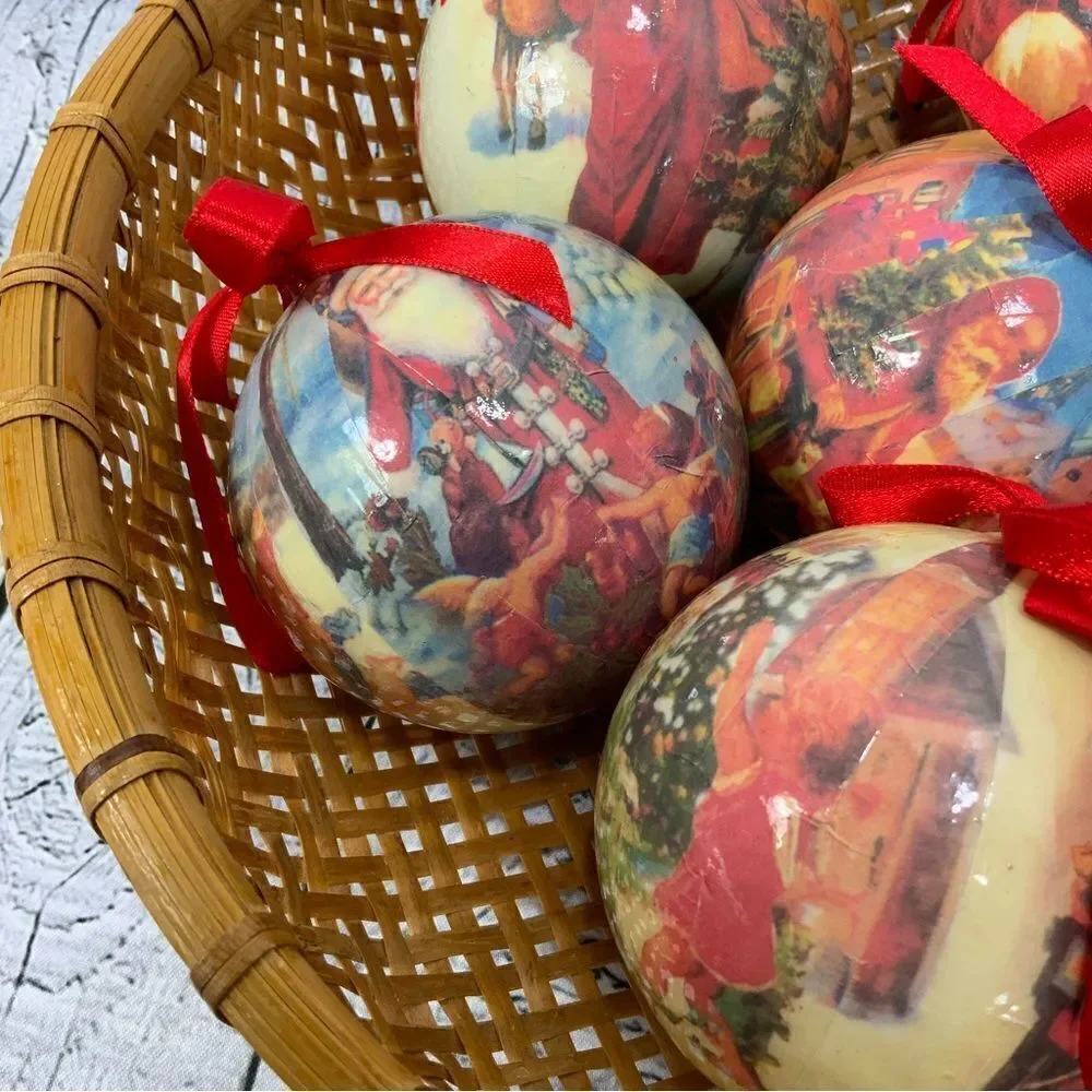 Lot of 6 Paper mache decoupage Old Fashion Santa ornaments Christmas bulbs